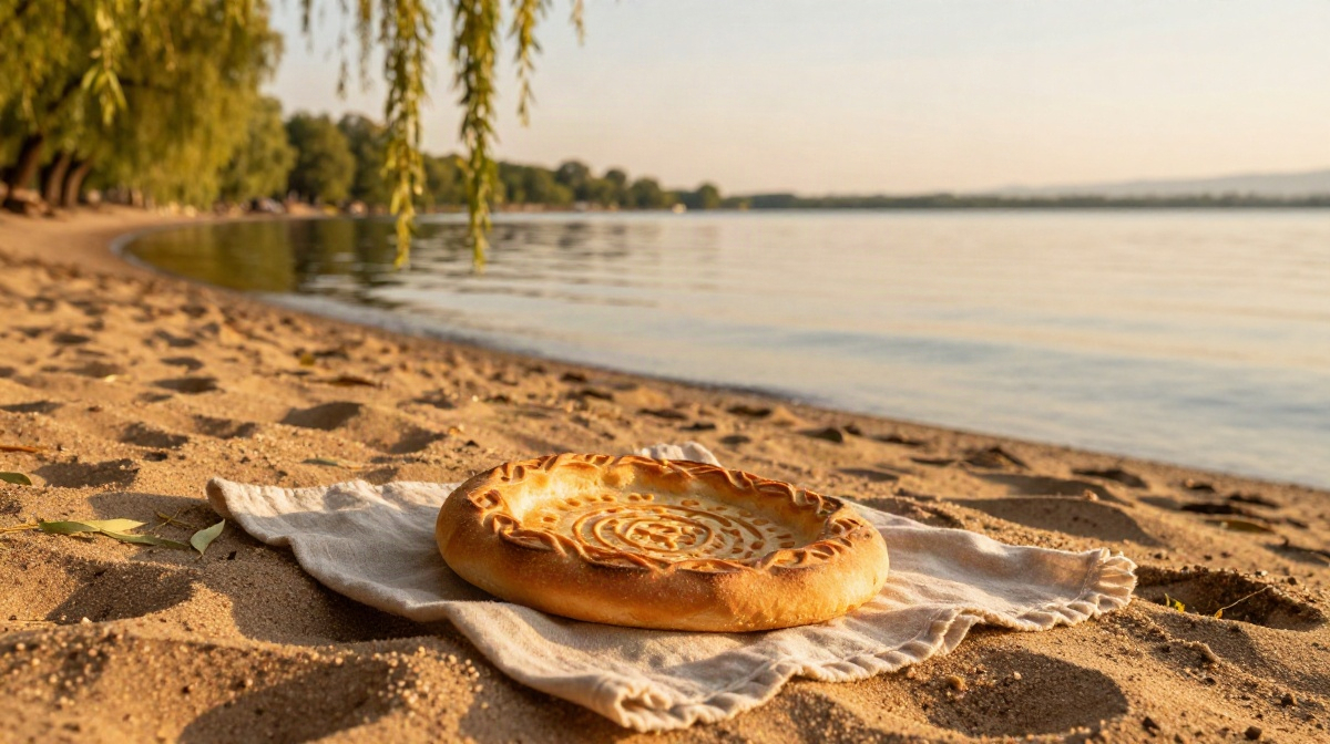 Песчаный пляж северного побережья Иссык-Куля с ивами и спокойной водой в летний полдень