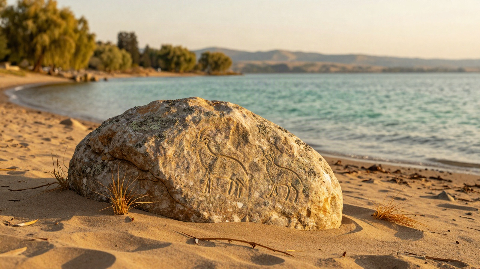 Песчаный берег Иссык-Куля near Чолпон-Ата с древним камнем-петроглифом на переднем плане и спокойной turquoise водой