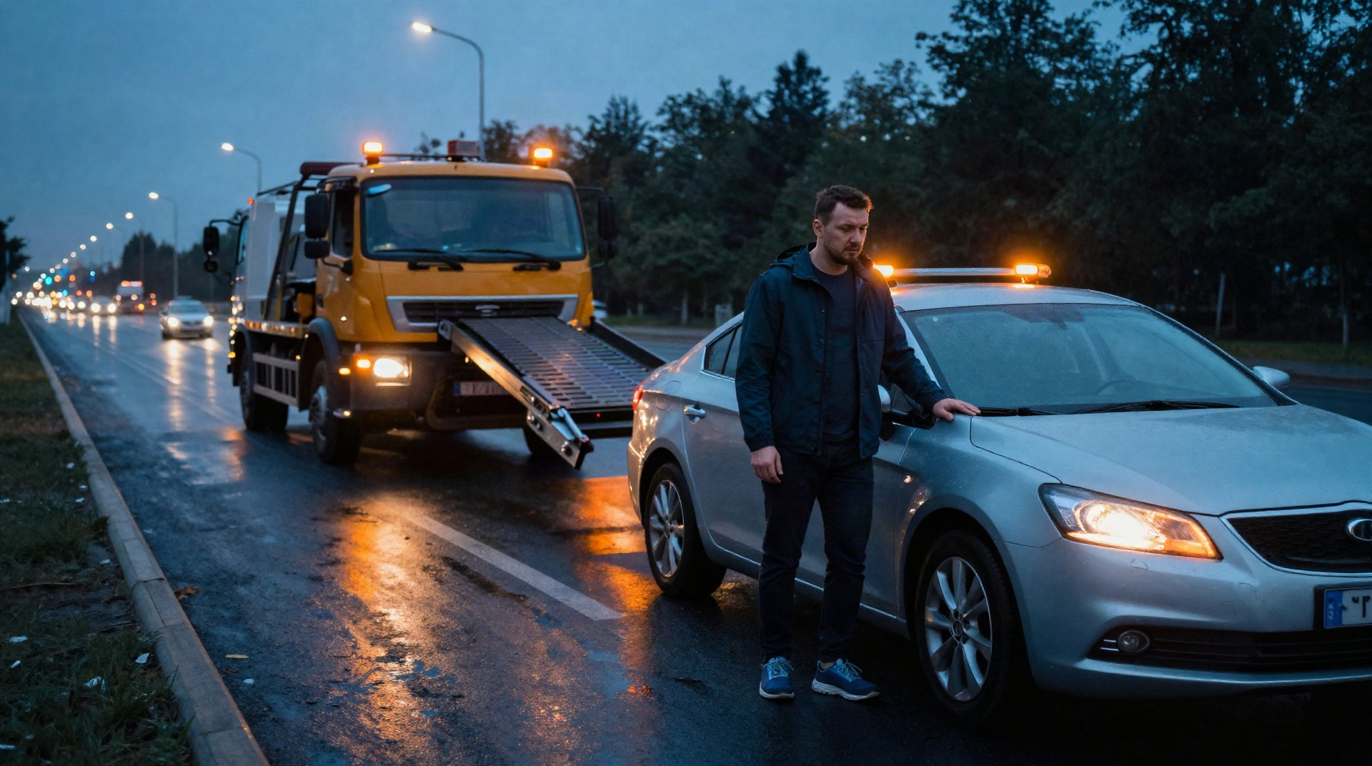 Водитель в тревоге стоит рядом с сломанным автомобилем на мокрой обочине дороги в сумерках, к нему подъезжает эвакуатор с опускающимся пандусом.
